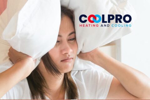 A woman with a pillow covering her head with the words colpro heating and cooling.
