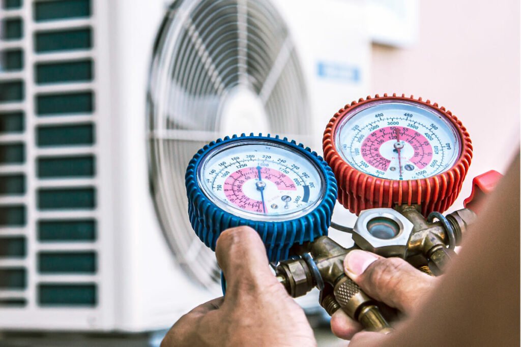 A man is holding a gauge in front of an air conditioner.