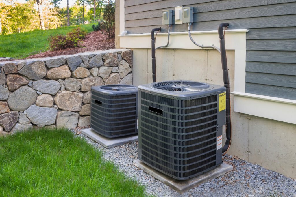 Two air conditioners on the side of a house.