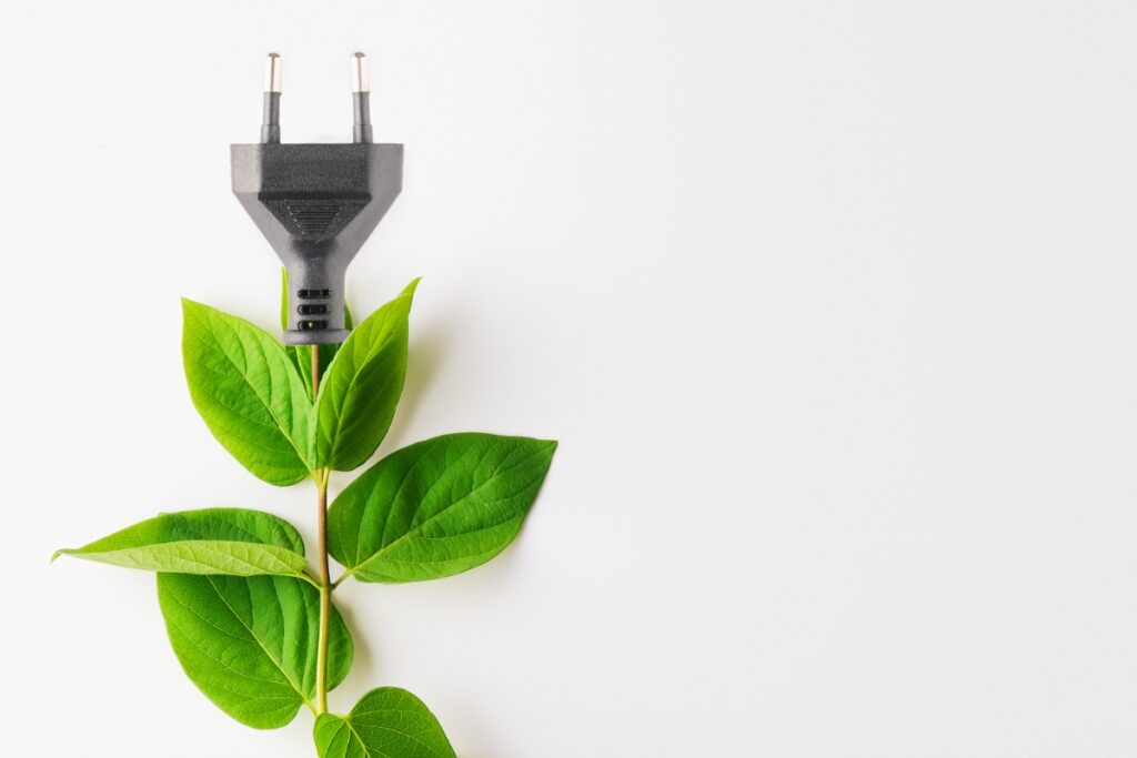 A black electrical plug is attached to a green plant stem with leaves, symbolizing eco-friendly hvac planning against a white background.