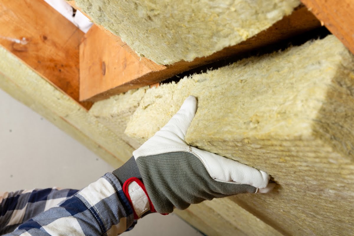 A person wearing a work glove is installing a piece of yellow HVAC insulation material between wooden beams.