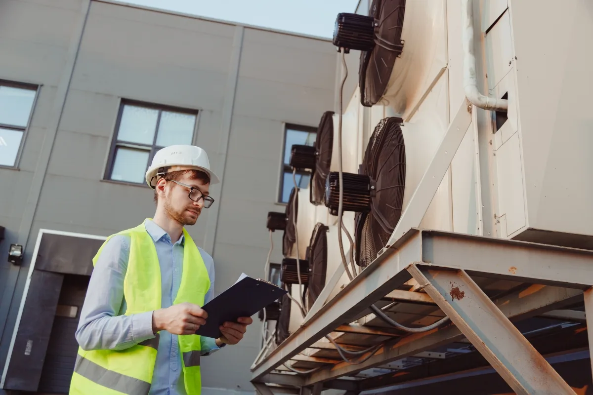 A worker in a hard hat and high-visibility vest conducts an HVAC inspection of industrial cooling units, holding a clipboard, outside a building.