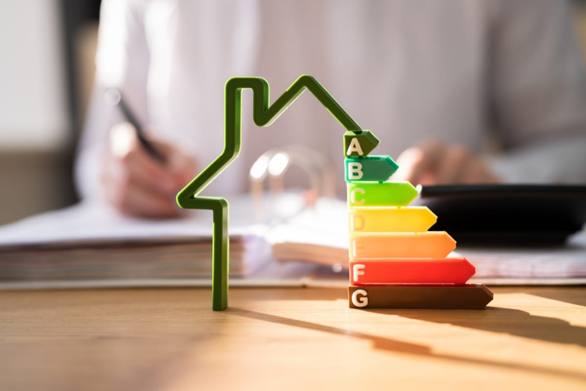 A model of a house with energy efficiency ratings from A to G sits beside a person taking notes at a desk, exploring various types of HVAC systems.