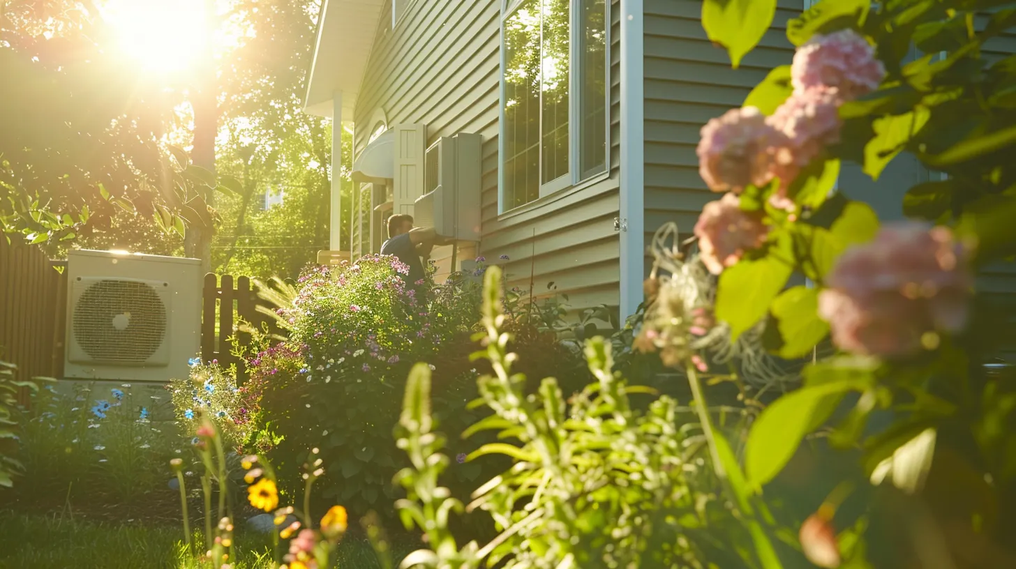 a bright, sunlit suburban home surrounded by blooming flowers and lush greenery, showcasing a technician carefully inspecting and servicing an outdoor hvac unit.