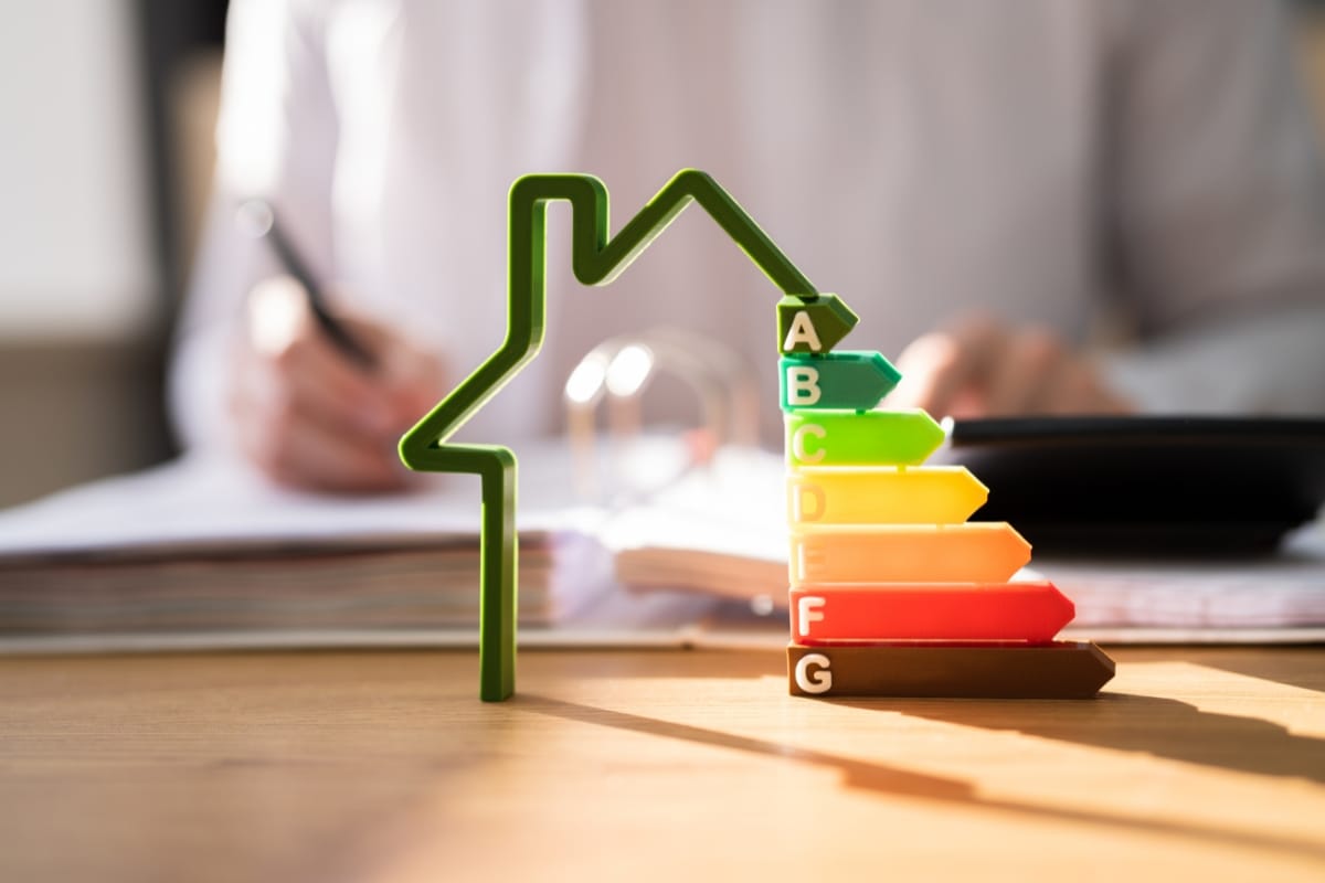 A person writing at a desk with a house-shaped energy efficiency rating model in the foreground, highlighting grades from A to G and the smart thermostat benefits for improved home energy management.