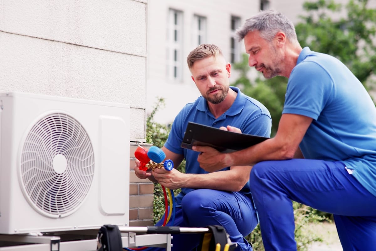 Two male HVAC technicians in blue uniforms inspect and test an outdoor air conditioning unit with gauges and a clipboard, ready to provide emergency AC repair services.
