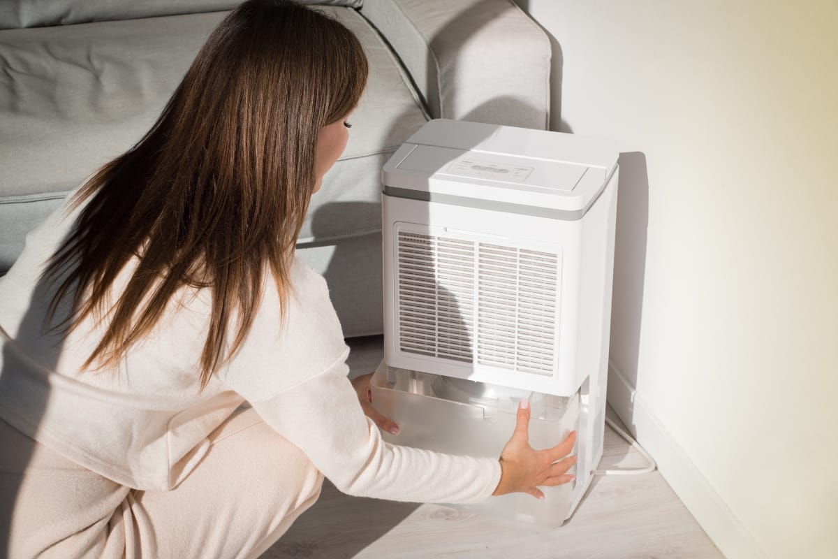 A woman kneels by a dehumidifier, removing the water tank from the device near a sofa and wall for effective humidity control.