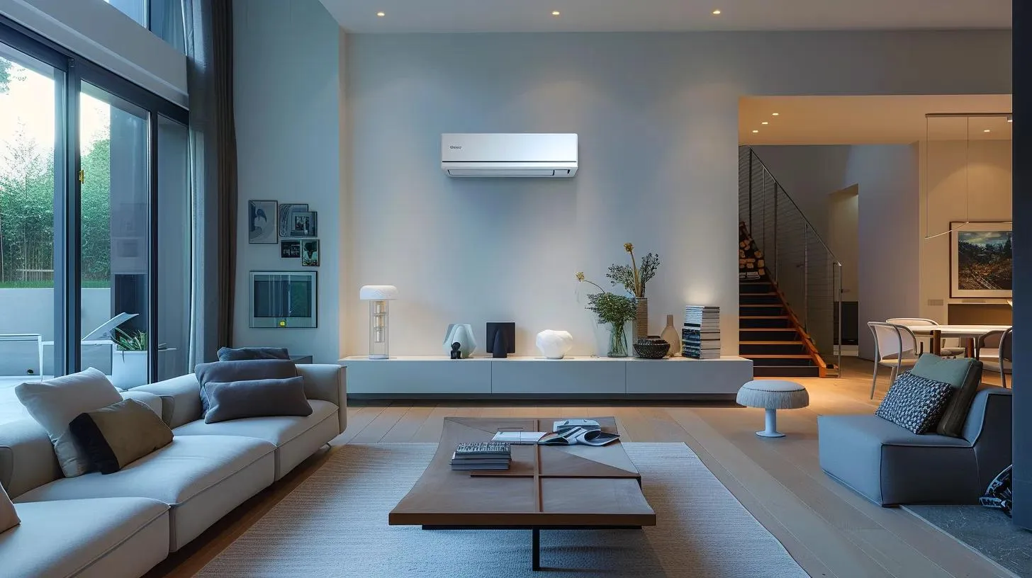 a modern, sleek living room features a stylish air conditioning unit prominently mounted on the wall, with an organized coffee table displaying a homeowner's guide and a backdrop of contemporary decor, all illuminated by soft indoor lighting to create an inviting atmosphere.