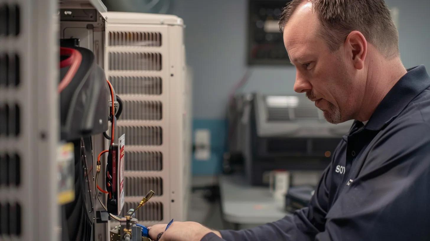 a sleek, modern hvac technician inspects a high-efficiency air conditioning unit inside a contemporary roswell office, with diagnostic tools and clean air filters arranged neatly on a polished workspace, symbolizing meticulous care for peak performance and longevity.