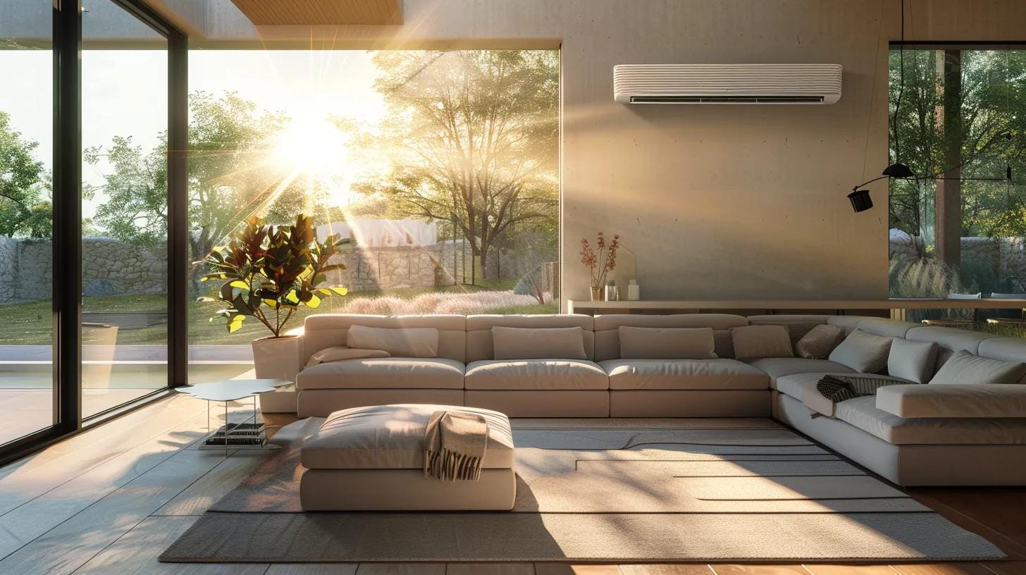 a sleek, modern living room in a roswell home showcases a stylish, high-efficiency air conditioner mounted on a wall, seamlessly blending functionality with contemporary design, while sunbeams filter through a large window, highlighting its cooling features.