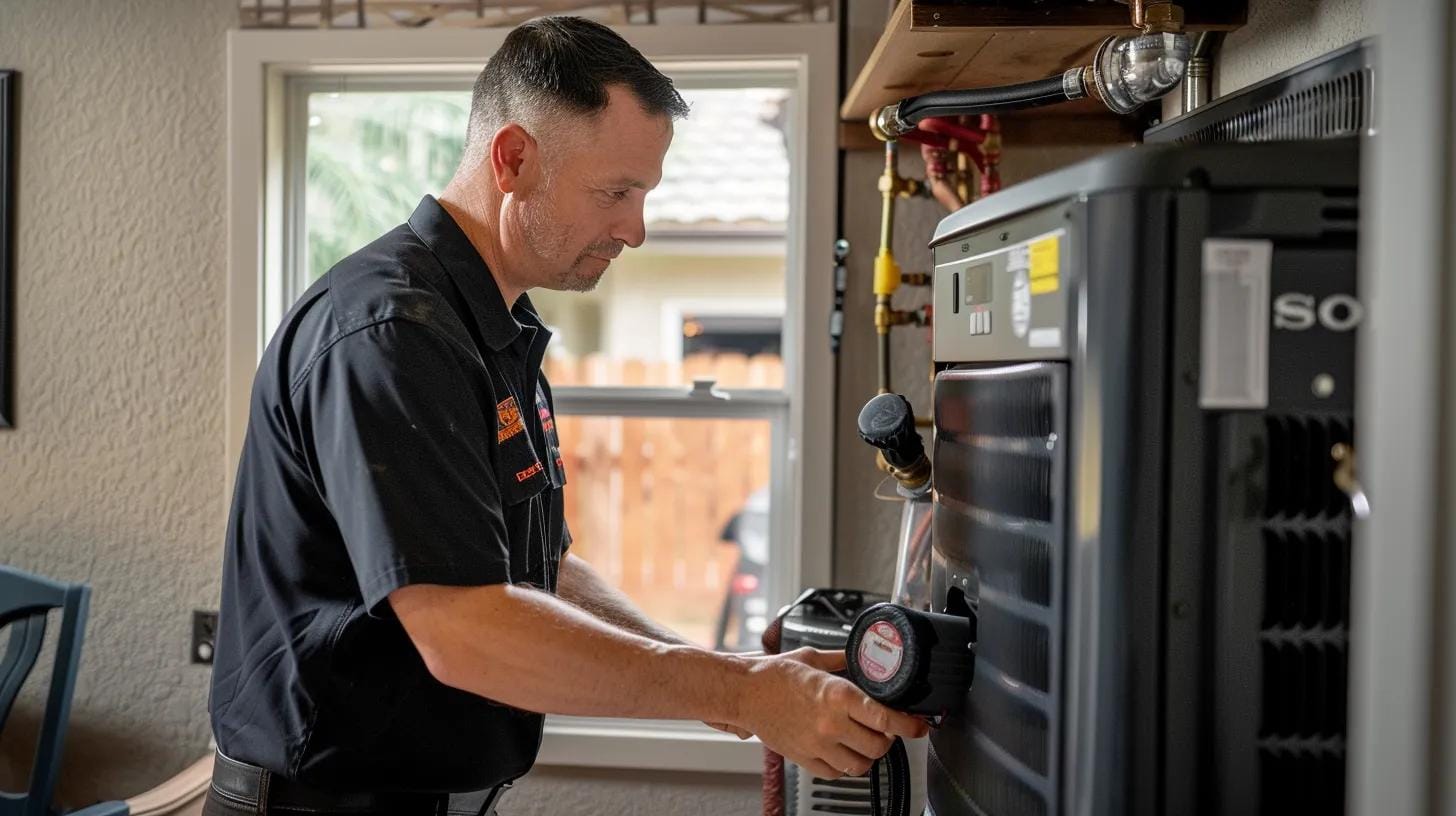 an expert hvac technician inspects a sleek, modern heating and cooling system inside a tastefully designed smyrna home, emphasizing the importance of tailored maintenance for the region's unique summer heat and humid fall conditions.