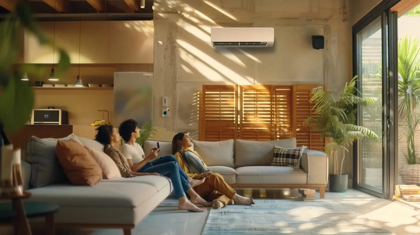 a modern, stylish living room equipped with an efficient hvac system, showcasing a family comfortably enjoying the cool indoor atmosphere while surrounded by contemporary décor and energy-saving gadgets.