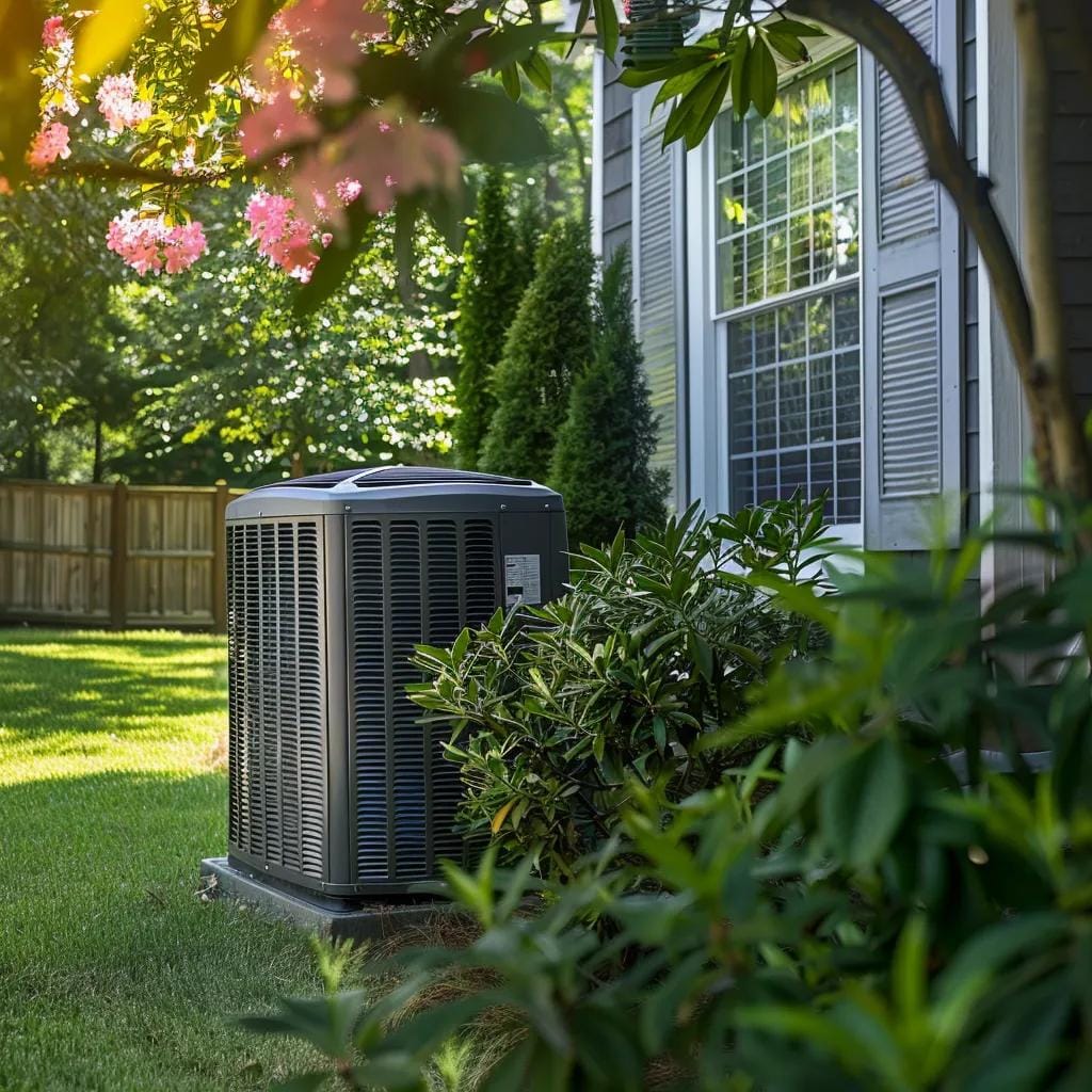 Outdoor heat pump unit in a suburban Atlanta backyard highlighting its efficiency