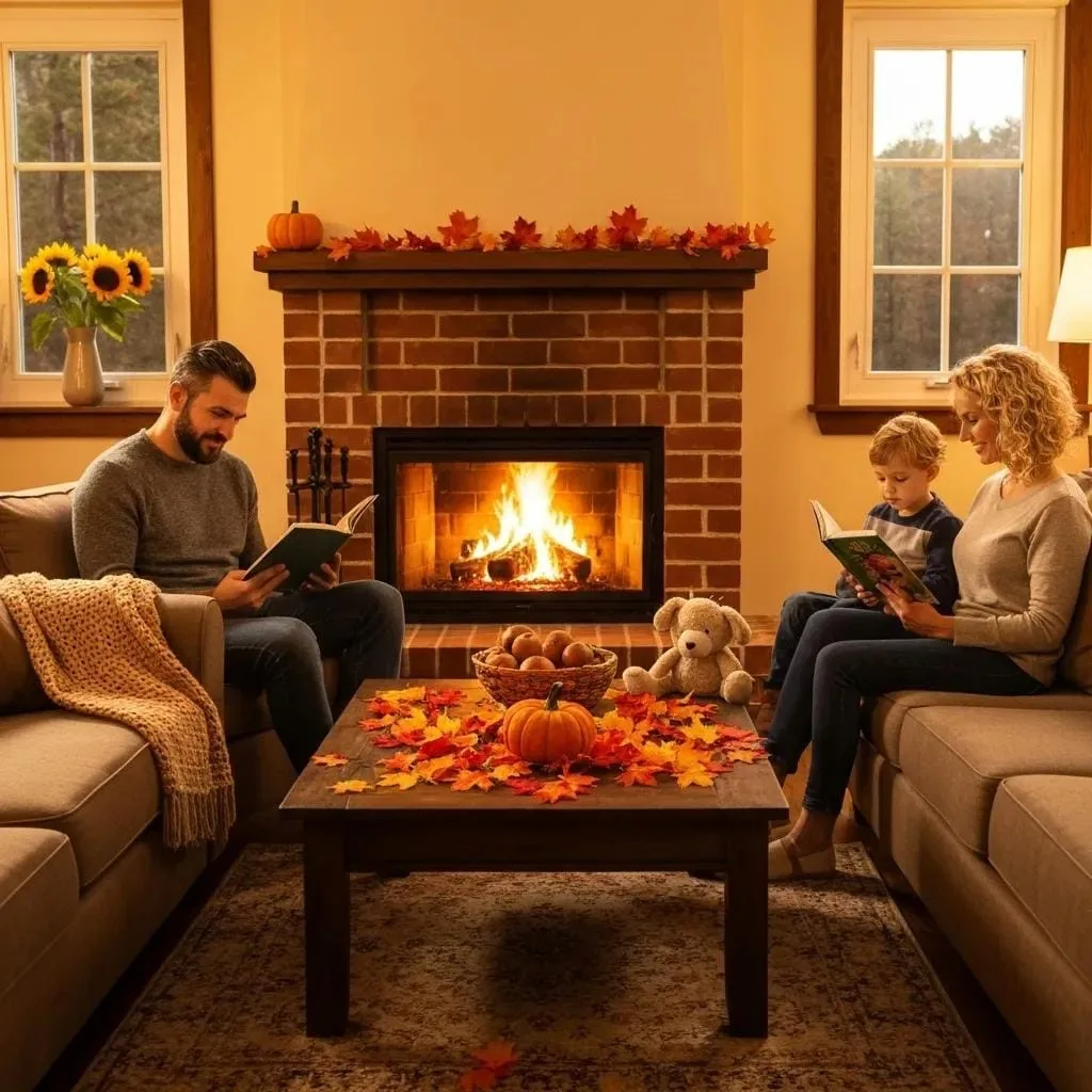 A man, woman, and child sit on sofas reading books in a cozy living room with a lit fireplace, autumn decorations, and pumpkins on the coffee table.