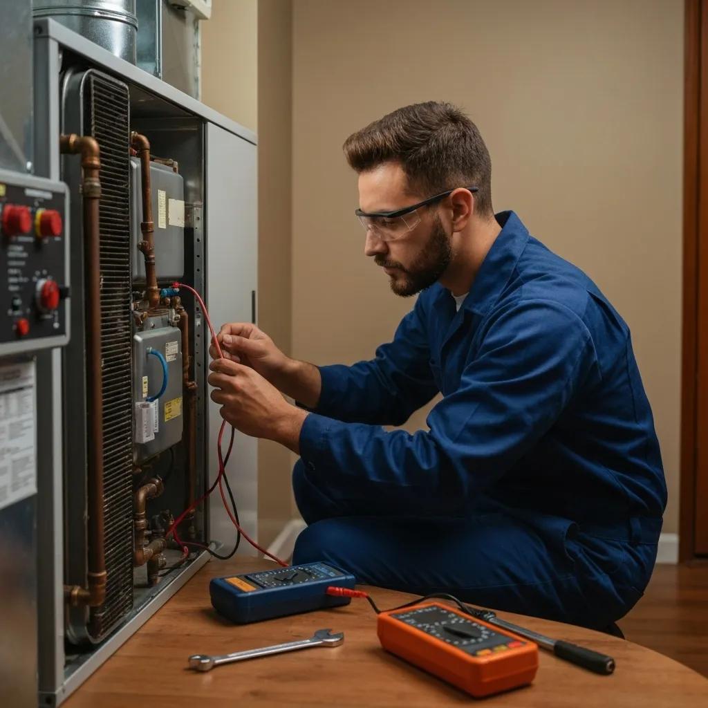 An HVAC technician carefully servicing a furnace, highlighting the importance of regular professional maintenance for heating efficiency
