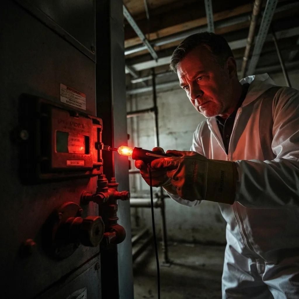 Furnace with a gas leak detector, highlighting the urgency of addressing strange odors and potential hazards