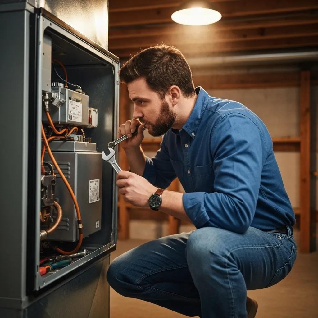 Technician inspecting a furnace for unusual noises, emphasizing the importance of mechanical maintenance