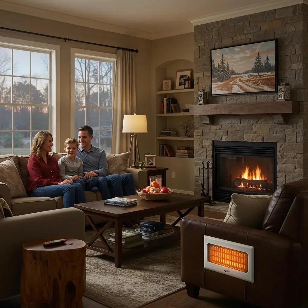 Cozy living room in Holly Springs GA with a family enjoying warmth from a modern heating system