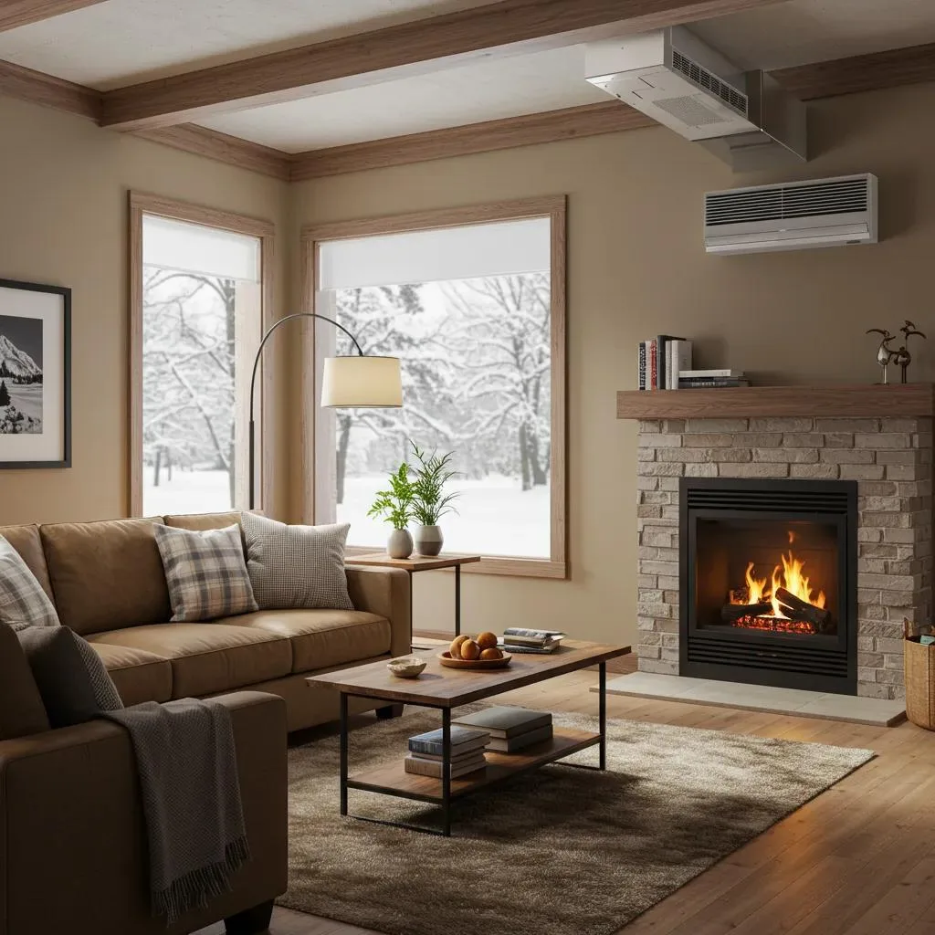 Cozy living room with HVAC system, showcasing warmth and energy efficiency during winter