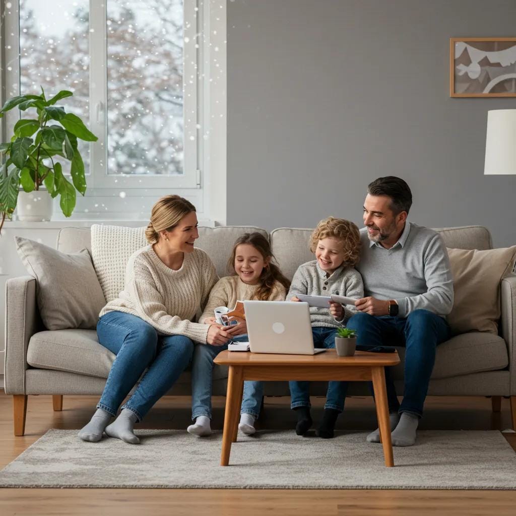 A happy family enjoying a warm and healthy home environment during winter, highlighting indoor air quality
