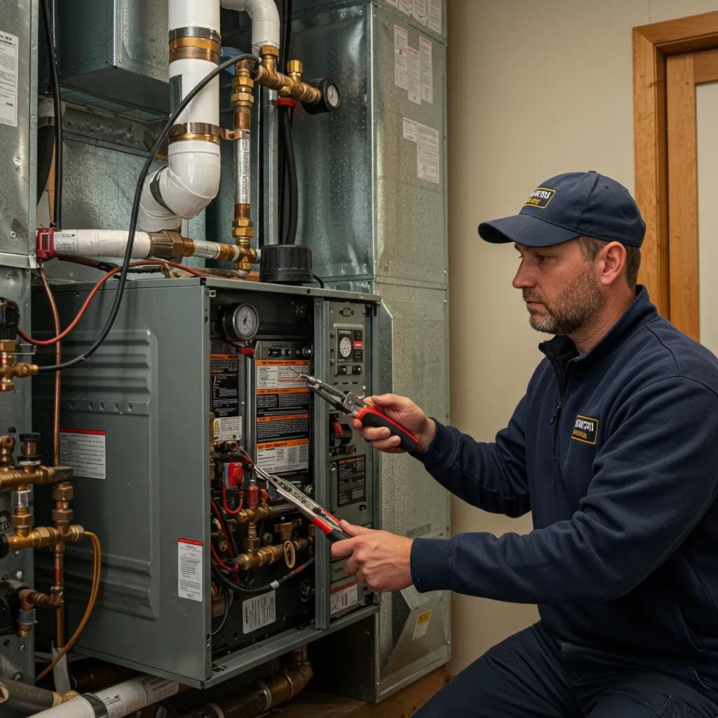 HVAC technician diagnosing a noisy heating system in a residential furnace