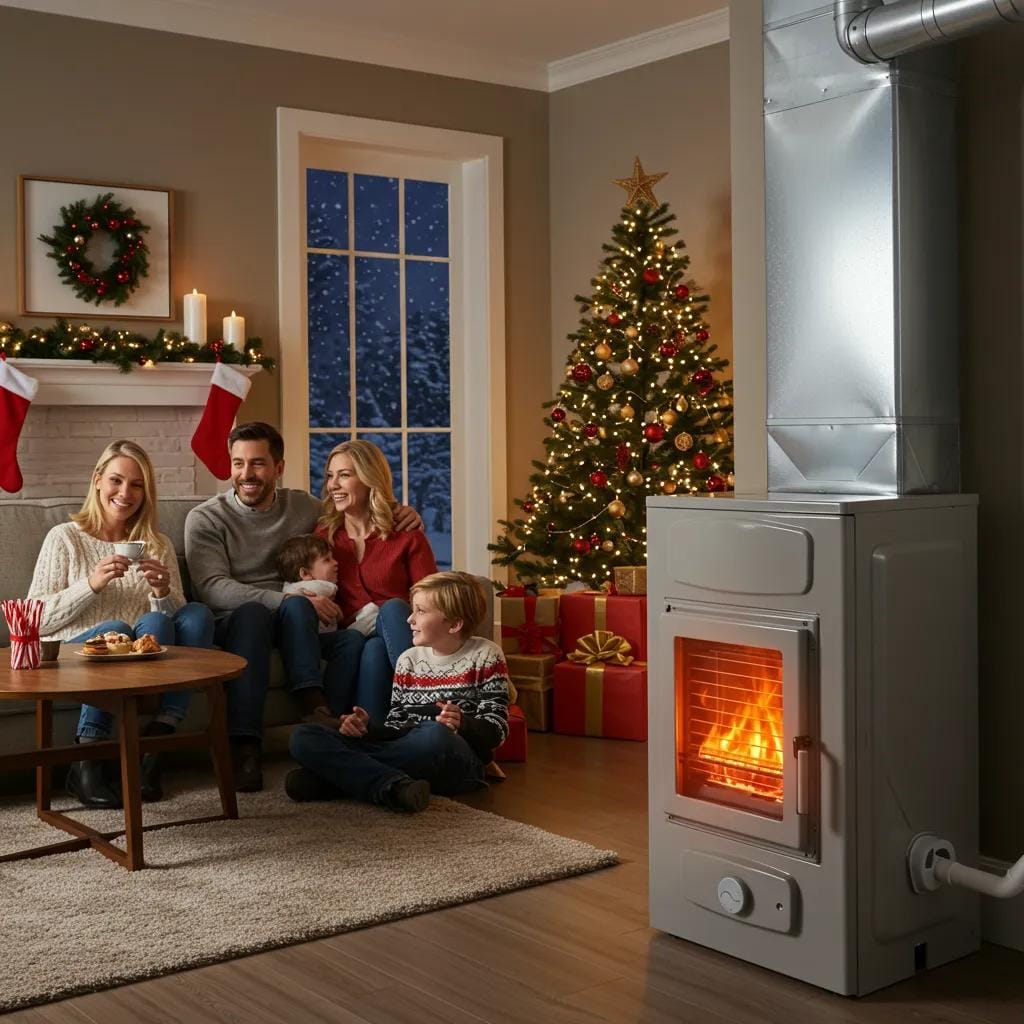 Family enjoying a warm living room with a furnace, highlighting the importance of annual inspections for winter comfort