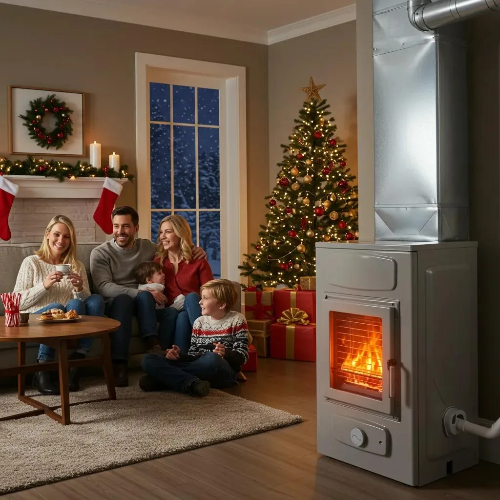 Family enjoying a warm living room with a furnace, highlighting the importance of annual inspections for winter comfort
