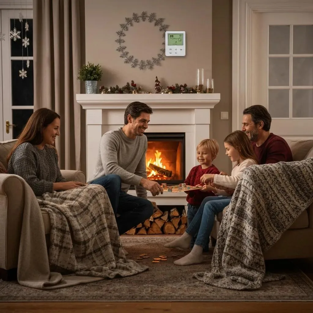 Cozy winter living room with family around a fireplace, emphasizing warmth and comfort