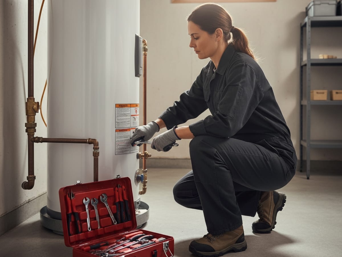 A woman in workwear kneels beside a water heater, using a wrench to adjust a valve as part of a furnace tune-up, with a red toolbox open nearby.