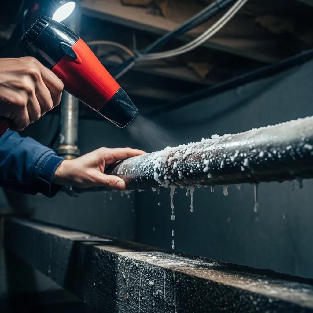 Homeowner carefully thawing a frozen pipe with a hair dryer — safe steps to avoid a burst