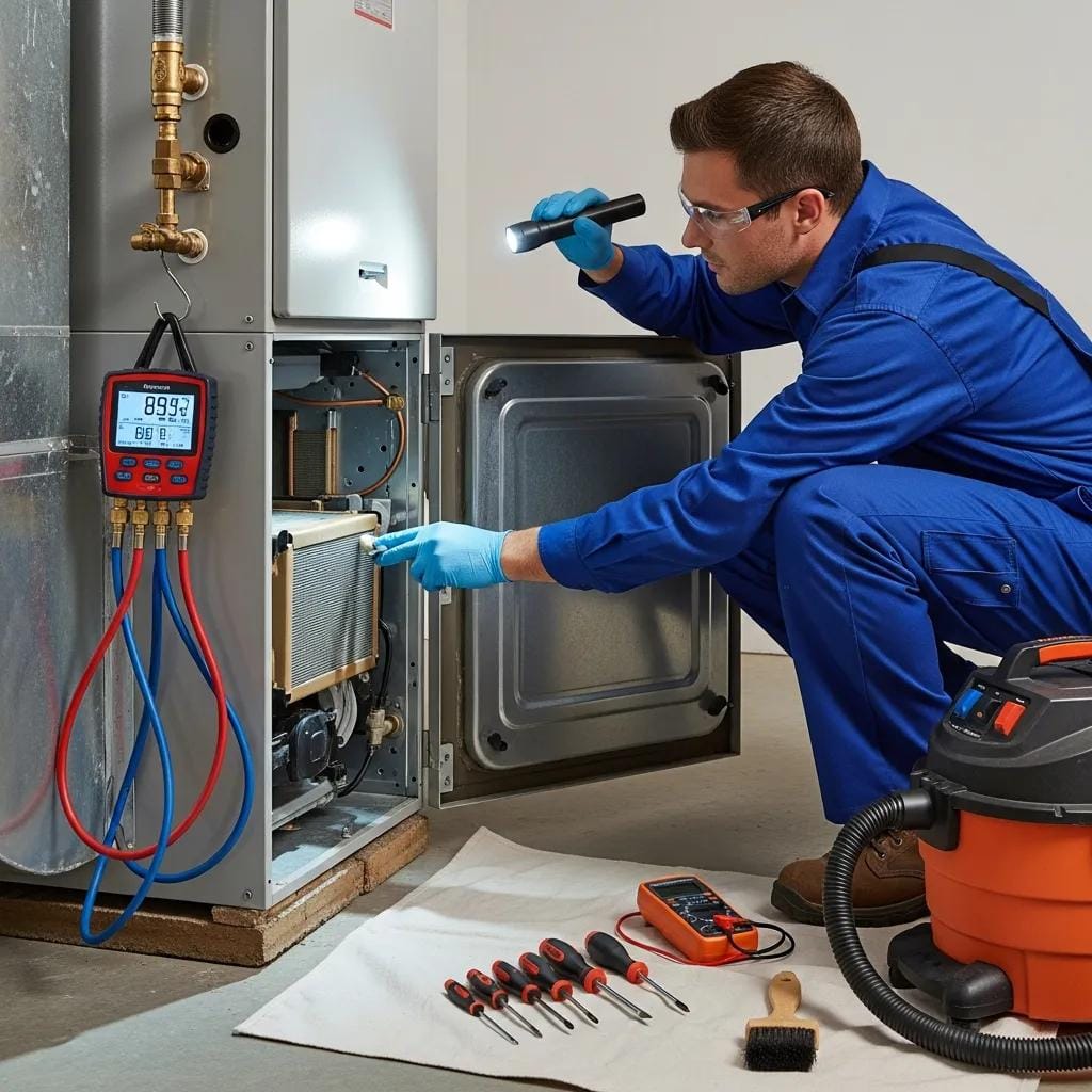 CoolPro technician inspecting a furnace during a December tune-up to ensure safe, efficient operation