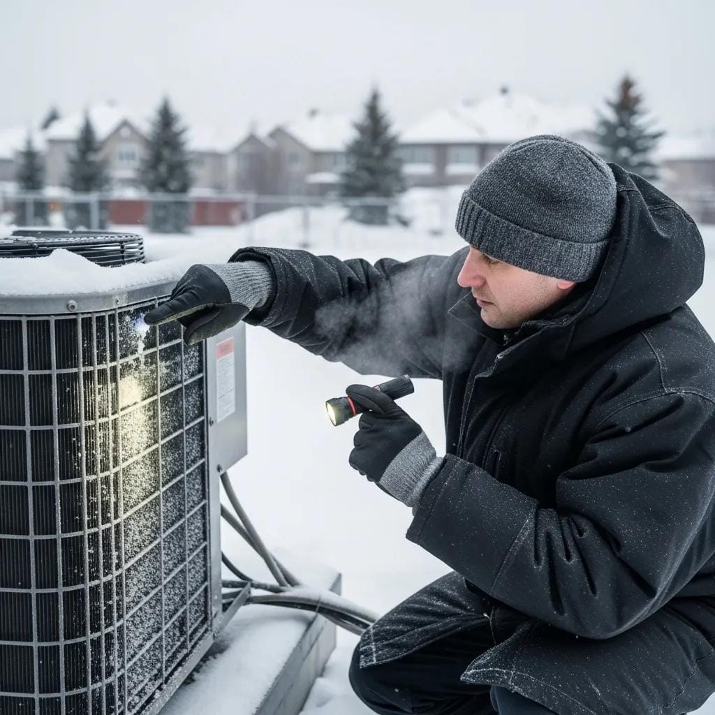 Technician checking an outdoor HVAC unit for winter maintenance — key steps to winterize your system