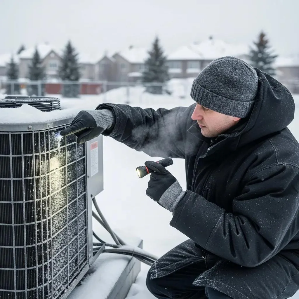 Technician checking an outdoor HVAC unit for winter maintenance — key steps to winterize your system