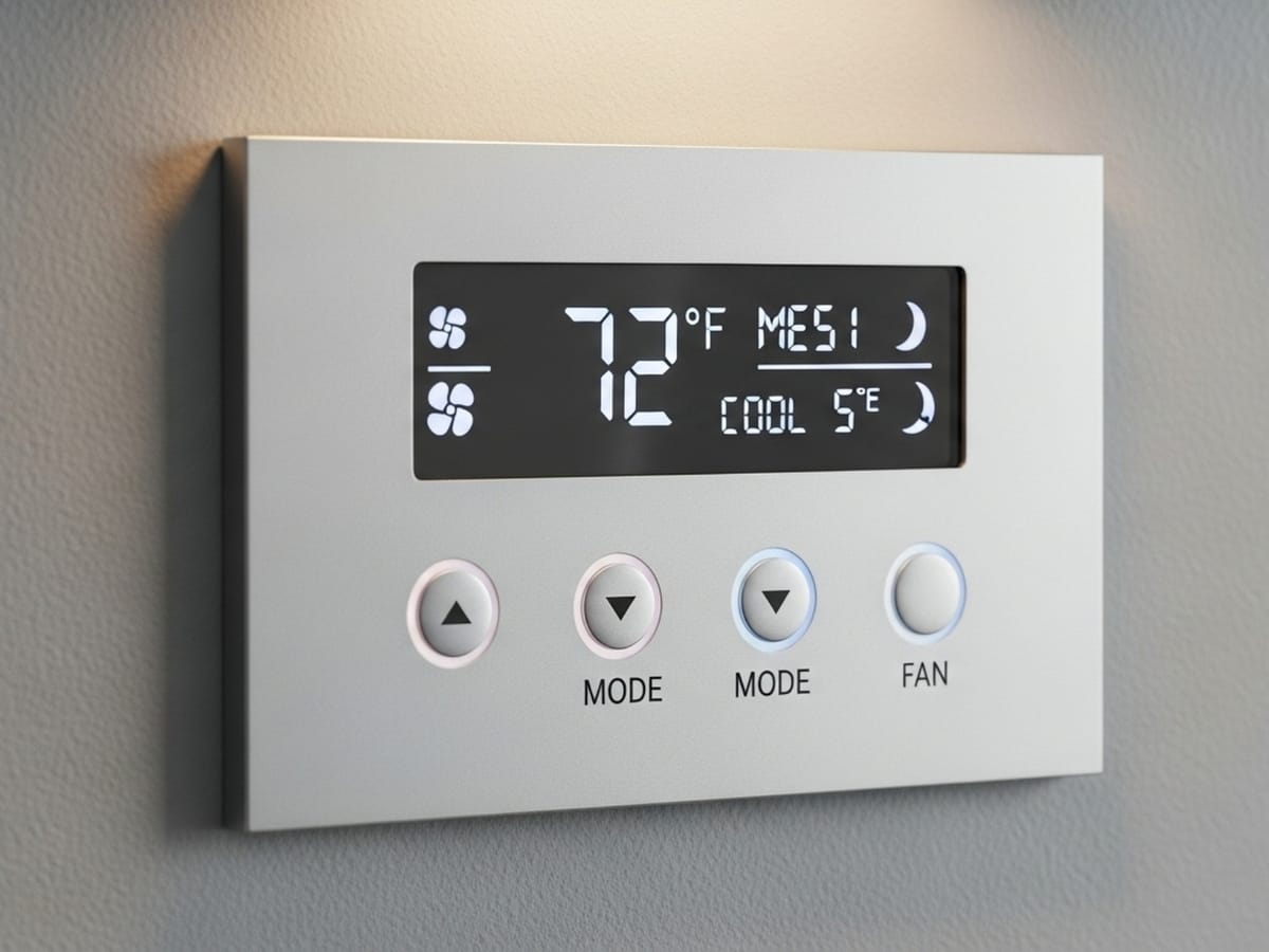 A digital thermostat displays 72°F with buttons for temperature adjustment, mode selection, and fan control mounted on a gray wall—perfect for implementing Winter Efficiency Tips in your home.