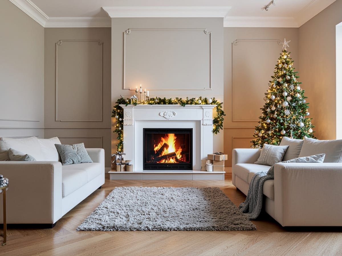 A cozy living room with two sofas, a lit fireplace decorated with garland and candles, a Christmas tree sparkling with ornaments and lights—and the perfect spot to try out some Winter Efficiency Tips for a warm, energy-saving season.