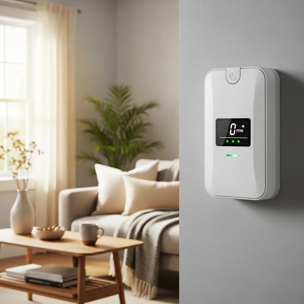 Carbon monoxide detector in a home setting, highlighting safety measures for winter