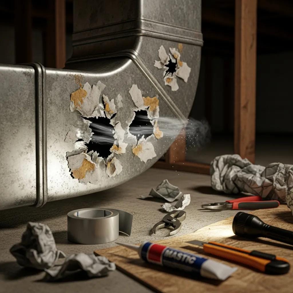 Close-up of damaged ductwork with visible air leaks, emphasizing the need for emergency duct repair