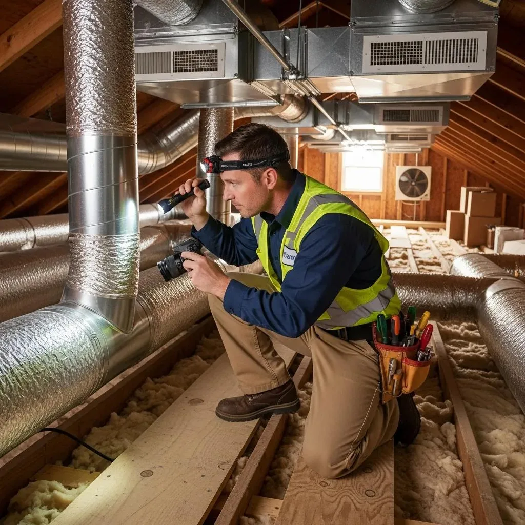 HVAC technician inspecting ductwork in a residential home, highlighting the importance of ductwork repair and installation