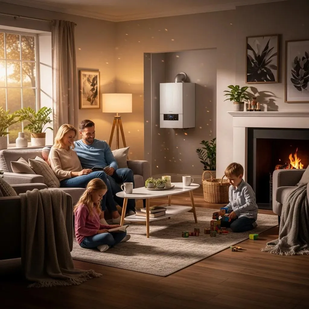 Modern boiler system in a cozy home environment emphasizing heating solutions