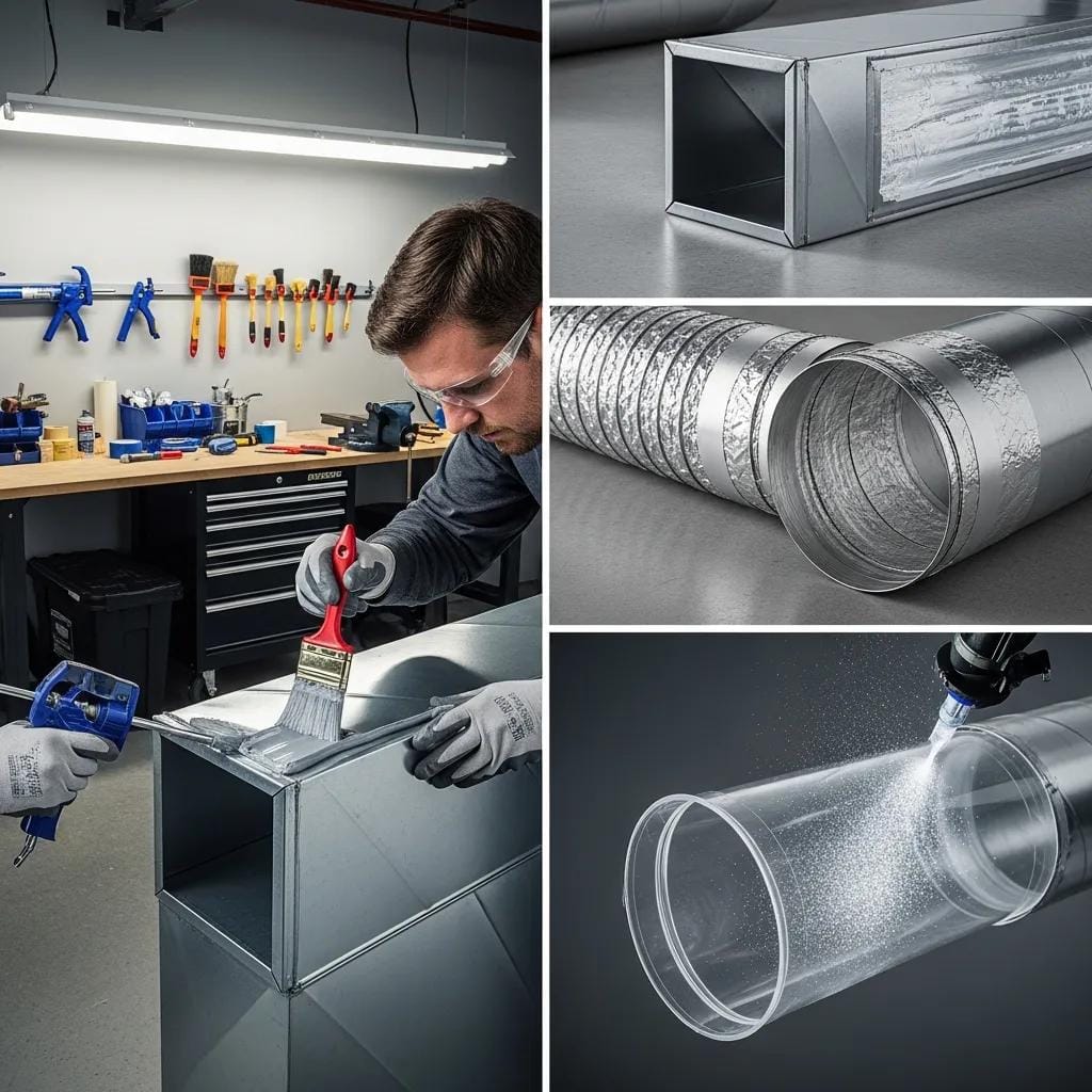 Technician applying mastic sealant and using foil tape for duct sealing, showcasing effective duct sealing techniques
