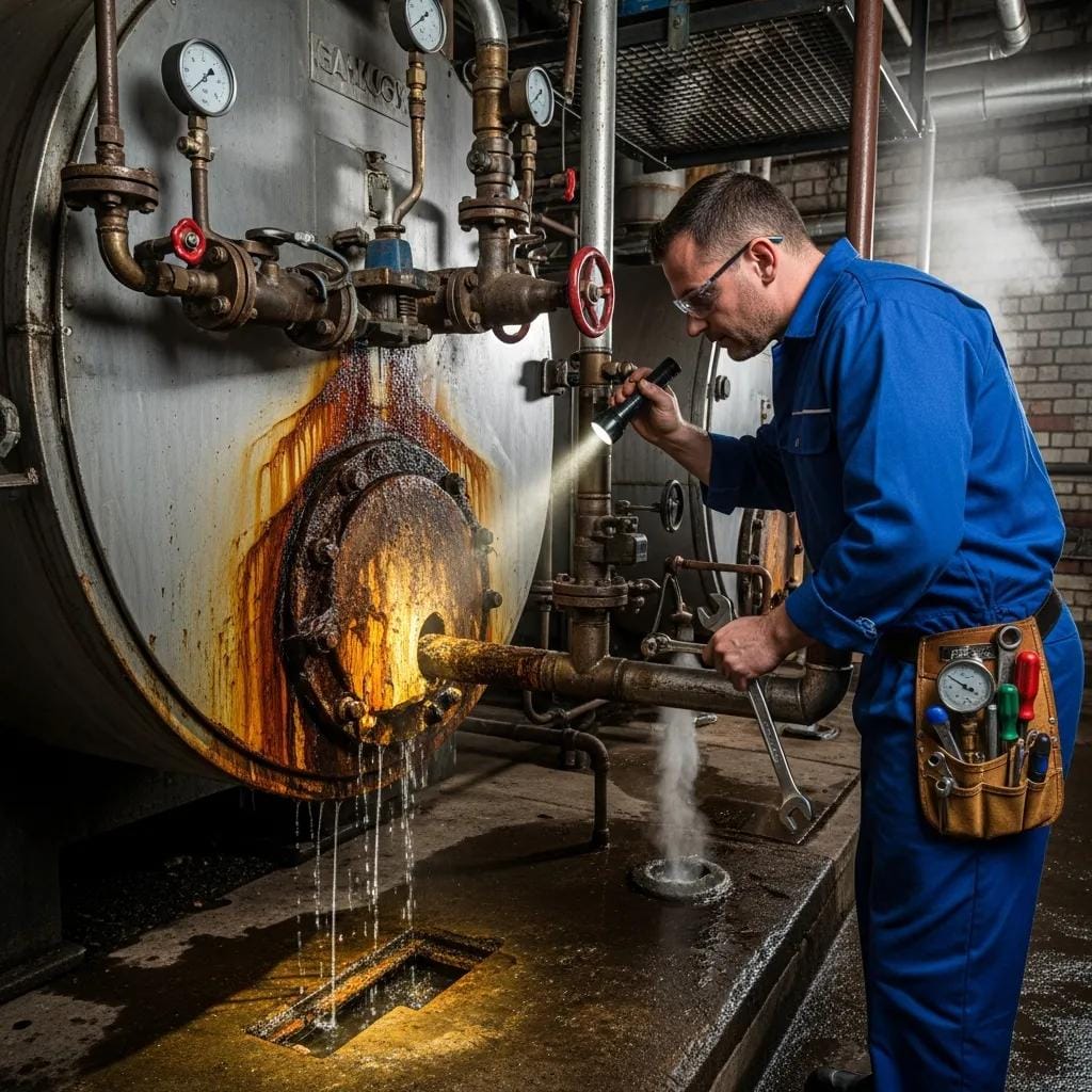 Technician inspecting a boiler for leaks and unusual noises, emphasizing early problem recognition