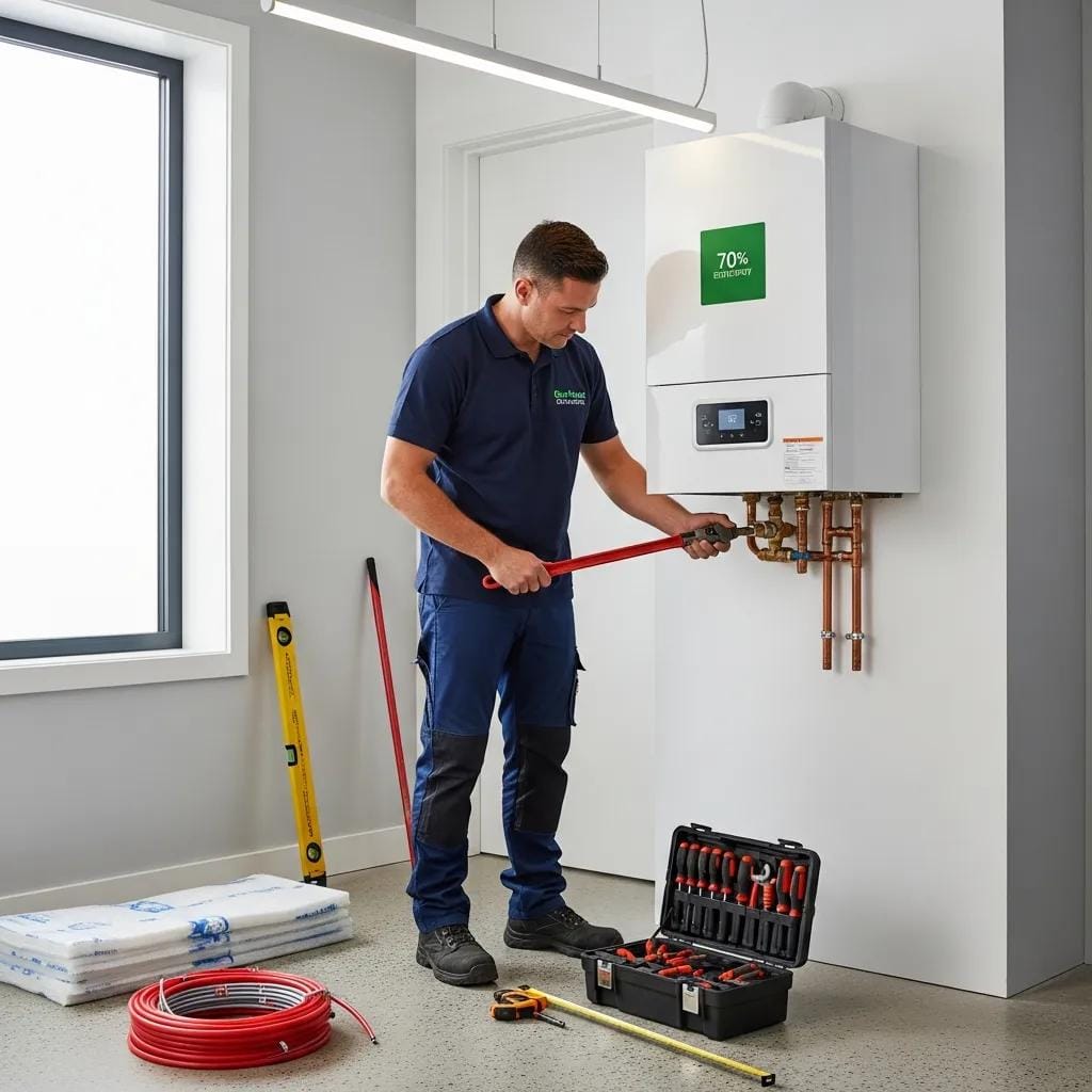 Technician installing an energy-efficient boiler in a home, highlighting the installation process