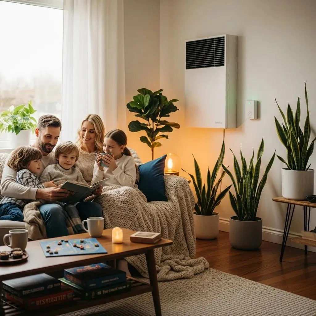 Family enjoying a safe home environment with HVAC system, highlighting carbon monoxide safety