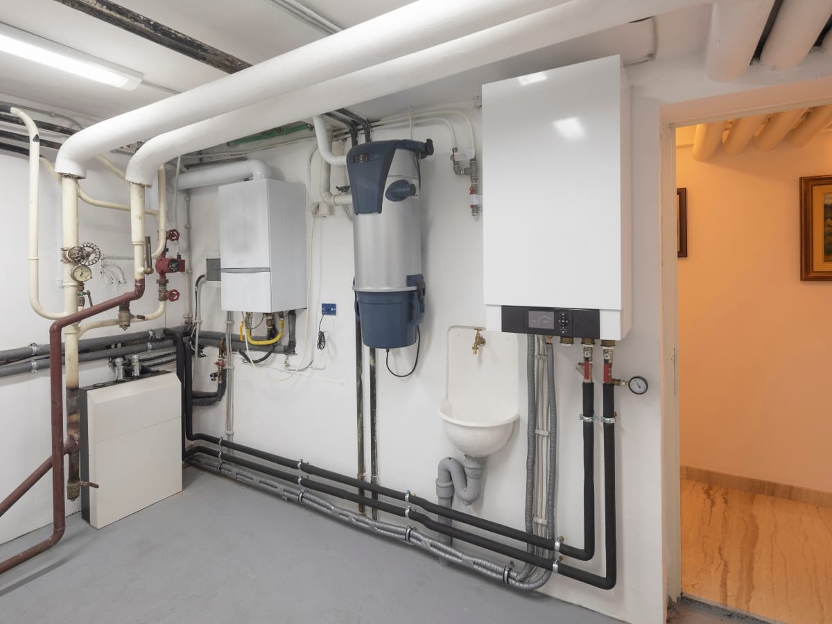 A clean utility room with exposed pipes, a water heater, efficient heating, a central vacuum system, a wall-mounted boiler, and a small wall-mounted sink.