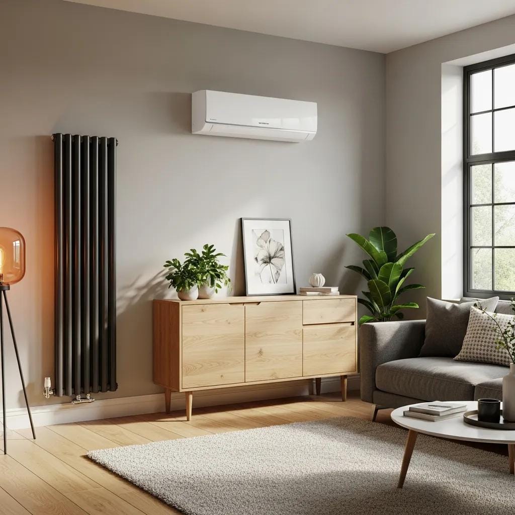 Modern HVAC system in a cozy living room, highlighting home heating technologies