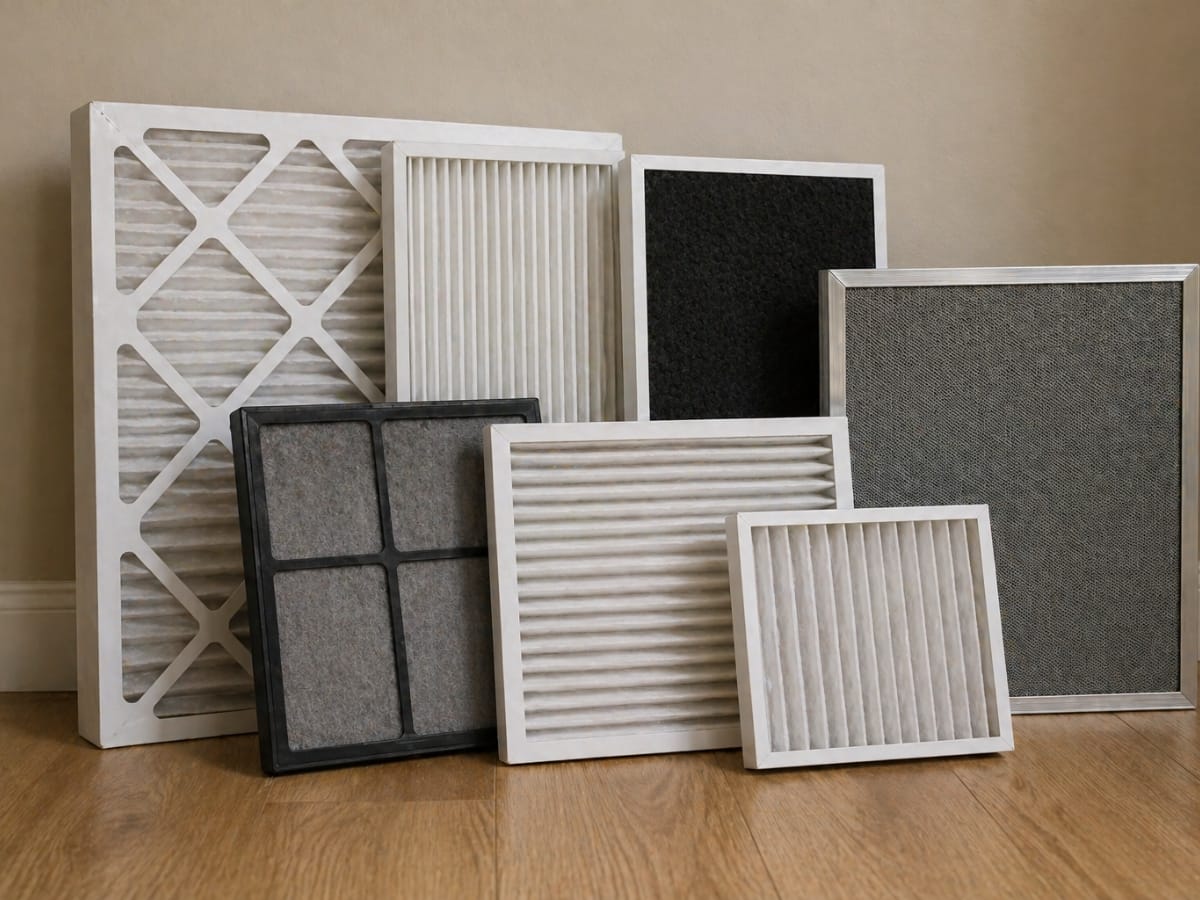 Six different air filters of varying sizes and types, perfect for AC filter cleaning, are standing and leaning on a wooden floor against a beige wall.