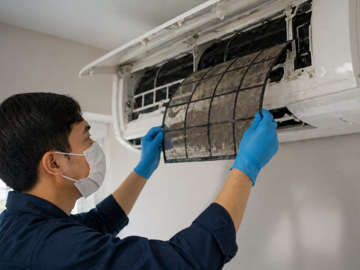 A person wearing gloves and a face mask performs AC filter cleaning by removing a dirty air filter from a wall-mounted air conditioner for cleaning.