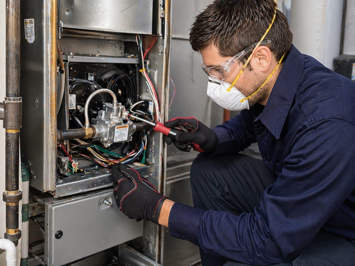 A technician wearing safety goggles, gloves, and a mask uses tools to repair or inspect the pilot light and interior components of a furnace or HVAC unit.