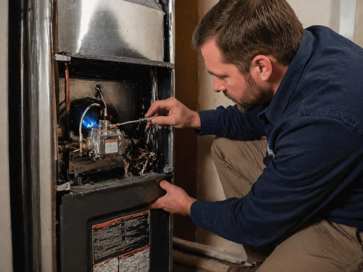 A man in a blue shirt adjusts components inside an open furnace, using a screwdriver near the visible blue pilot light flame.