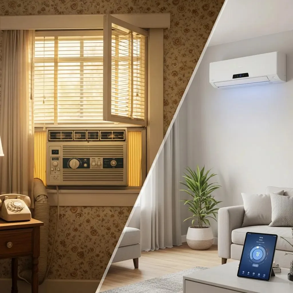 Evolution of air conditioning technology showcasing vintage and modern systems